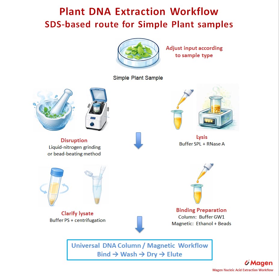 SDS-based plant DNA extraction workflow with disruption, lysis, clarification and column or magnetic DNA purification SDS-based plant DNA extraction workflow with disruption, lysis, clarification and column or magnetic DNA purification